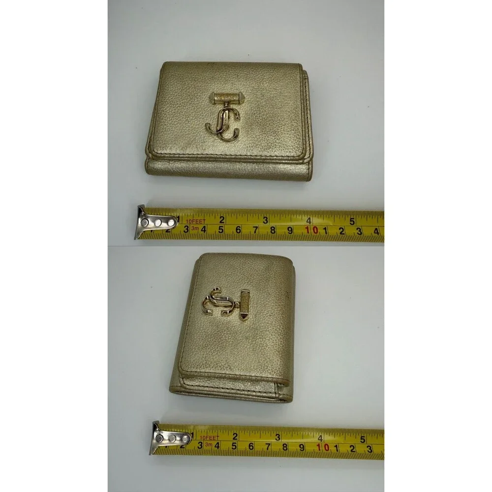 Jimmy Choo JC Logo Leather Trifold Wallet Gold Authentic Designer/131